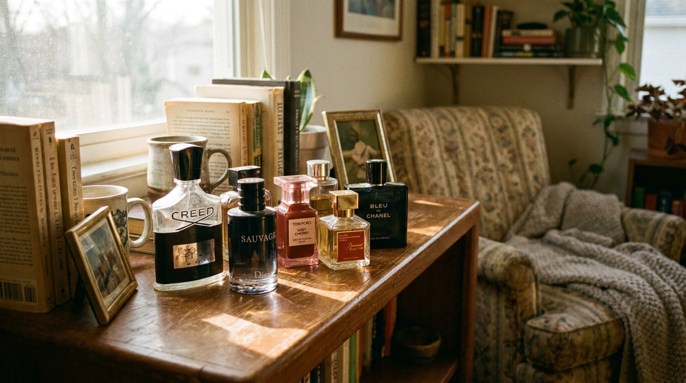 Cologne-inspired car air fresheners — luxury perfume bottles including Creed Aventus, Dior Sauvage and Baccarat Rouge 540 on a home shelf