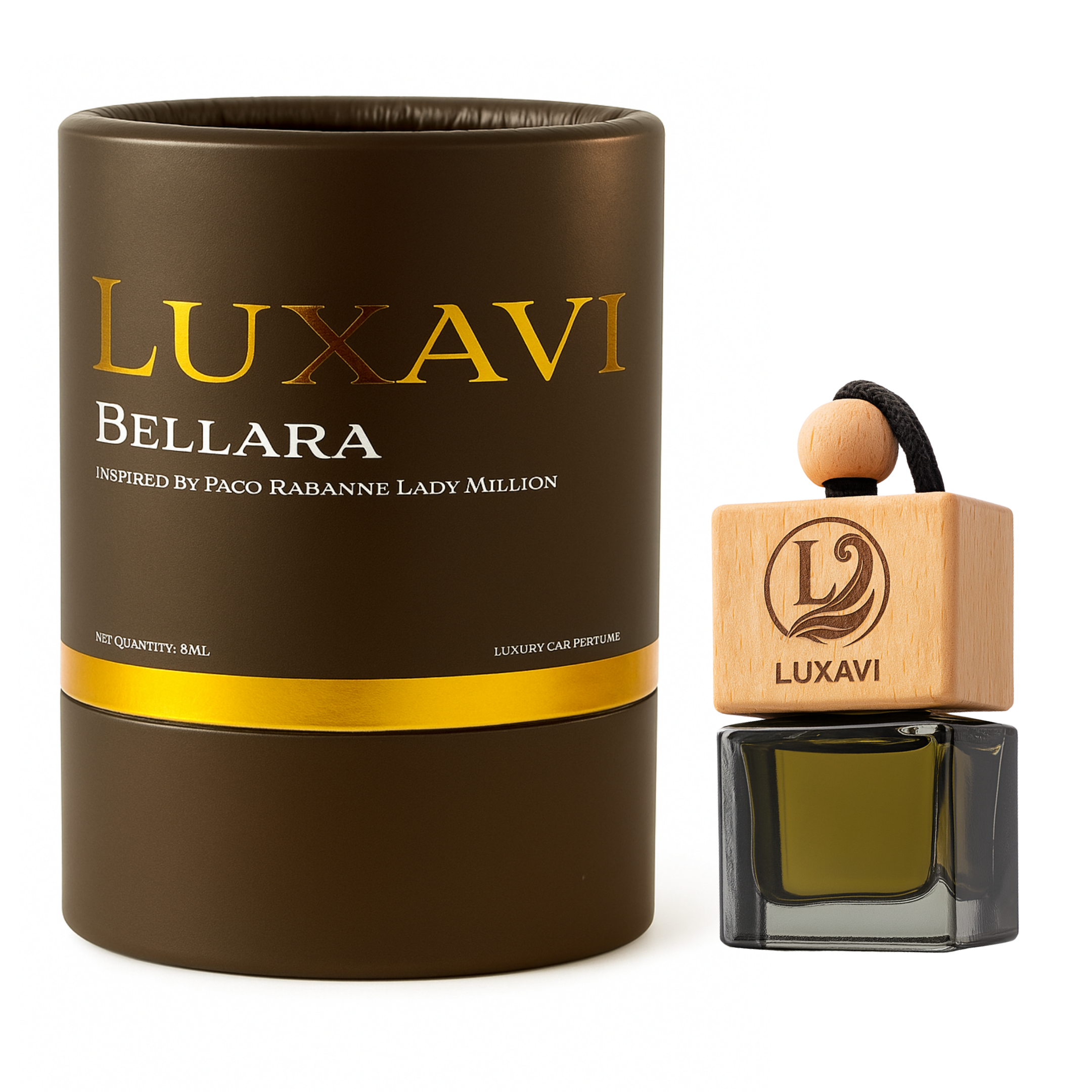 Luxavi Bellara Lady Million inspired car perfume with premium glass diffuser and black-gold packaging