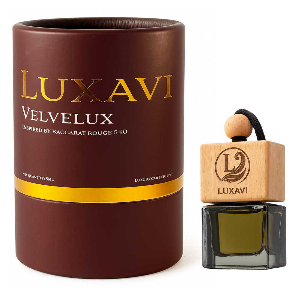 Luxavi Velvelux Baccarat Rouge 540 inspired car perfume with premium maroon-gold packaging