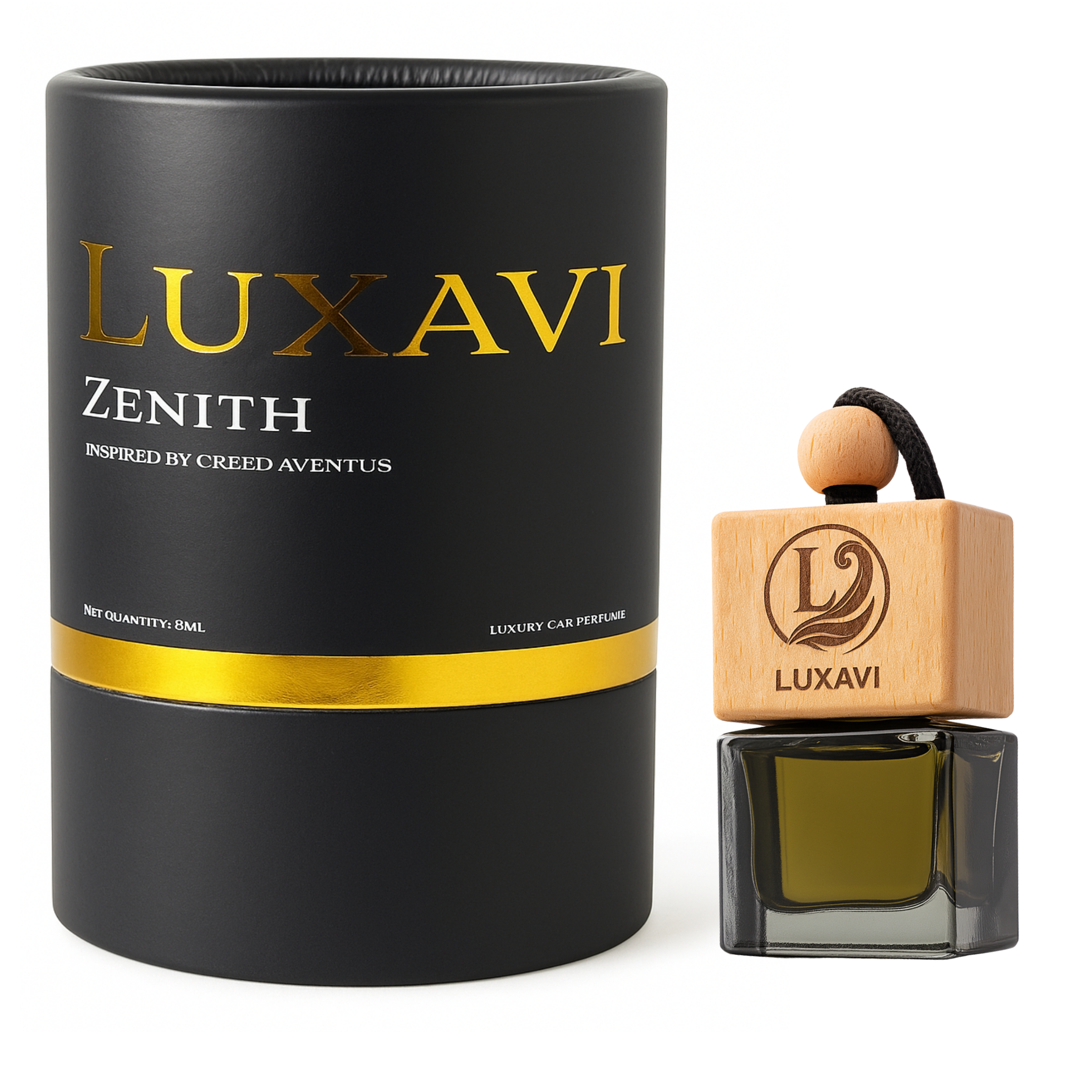 Luxavi Zenith Creed Aventus inspired car perfume with premium black-grey packaging