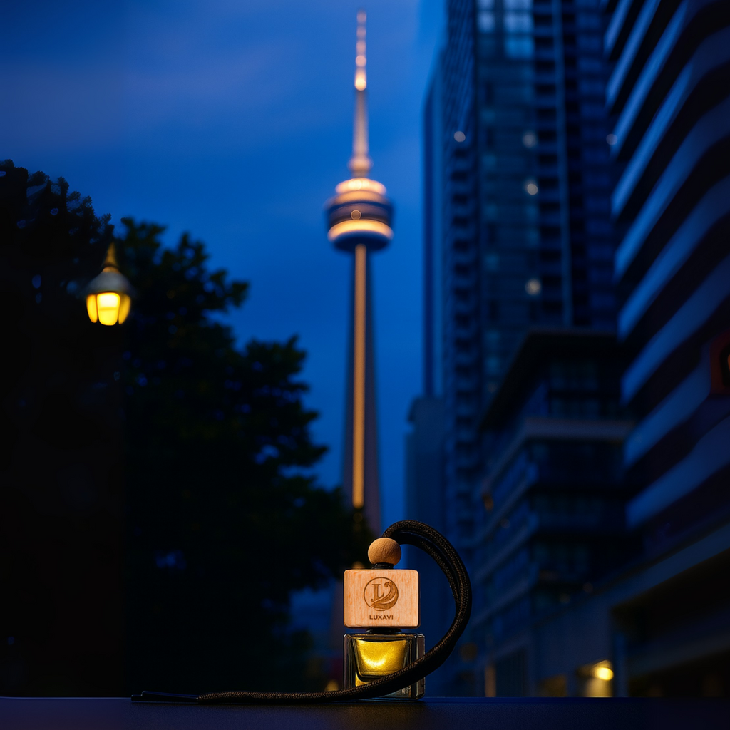 Luxavi car diffuser photographed with city skyline – designer inspired car fragrance