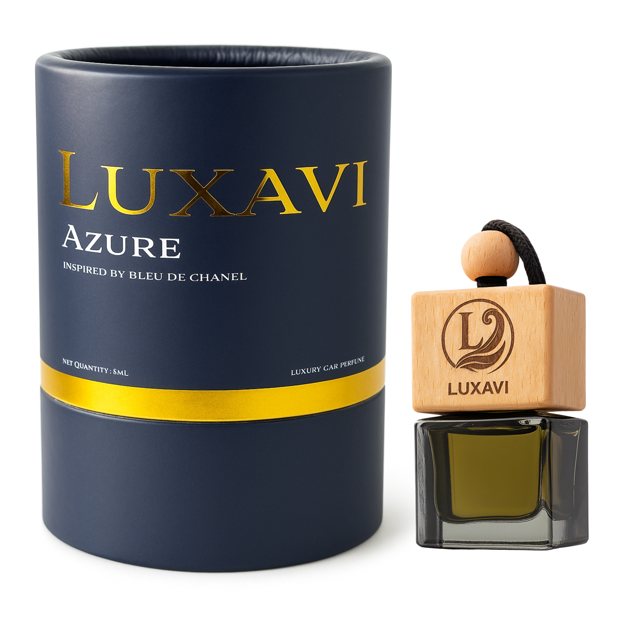 Luxavi Azure Bleu de Chanel inspired car perfume with luxury blue-black packaging