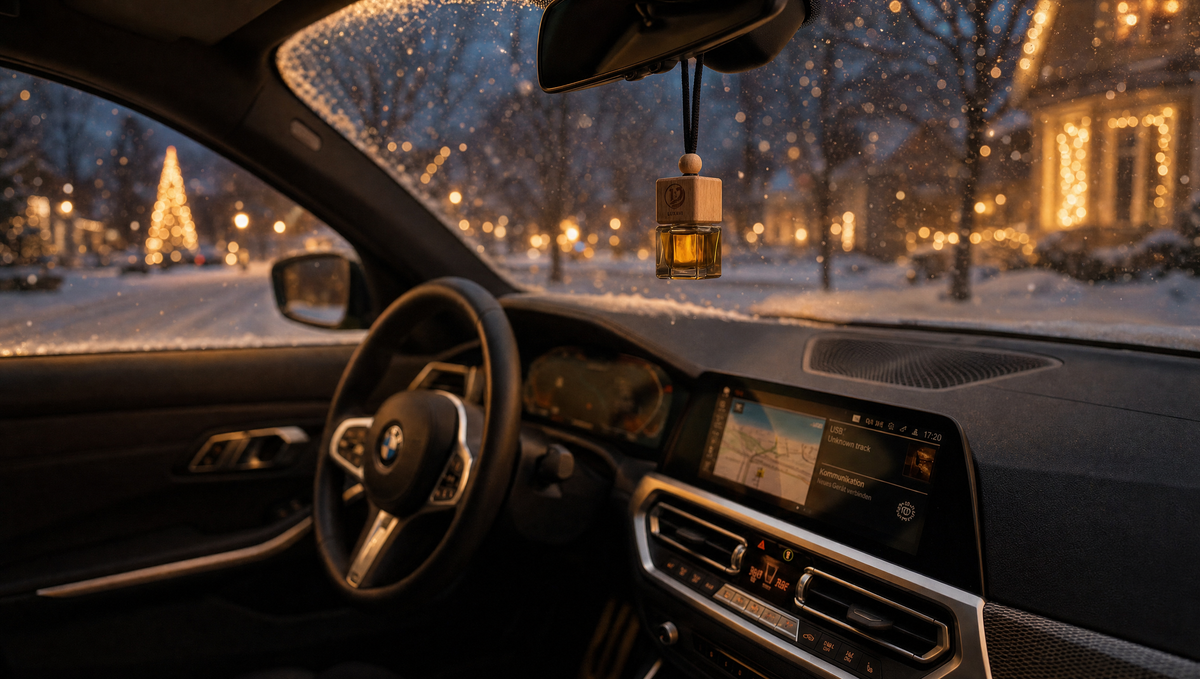 LUXAVI car diffuser hanging from the rear-view mirror on a snowy holiday evening